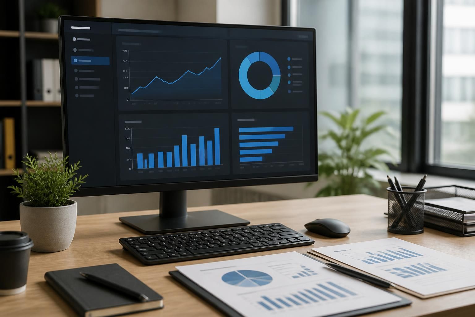Analytics reporting workspace with dashboard concept and performance charts.