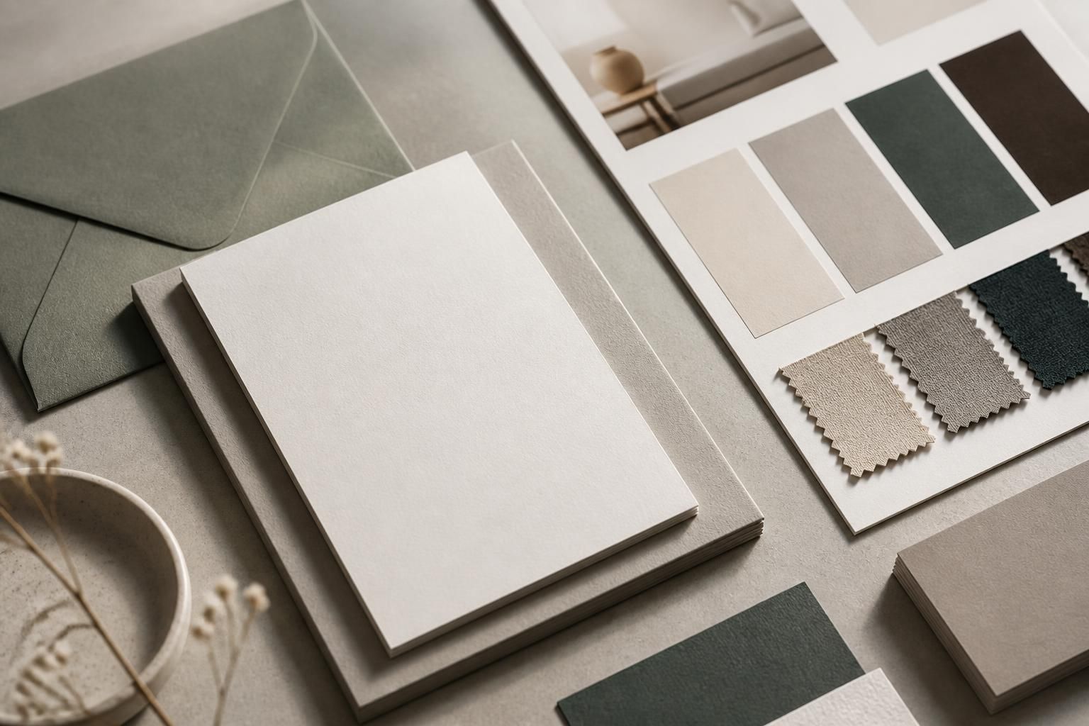 Brand identity setup with color swatches and premium stationery.