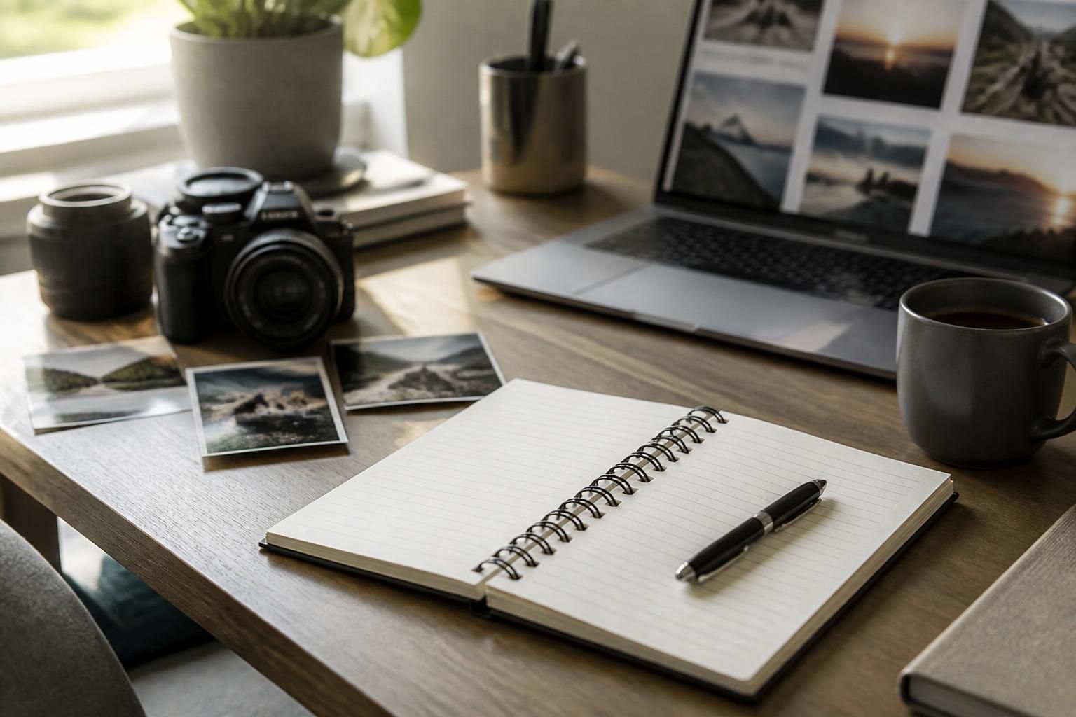 Content creation workspace with editorial materials and notebook.