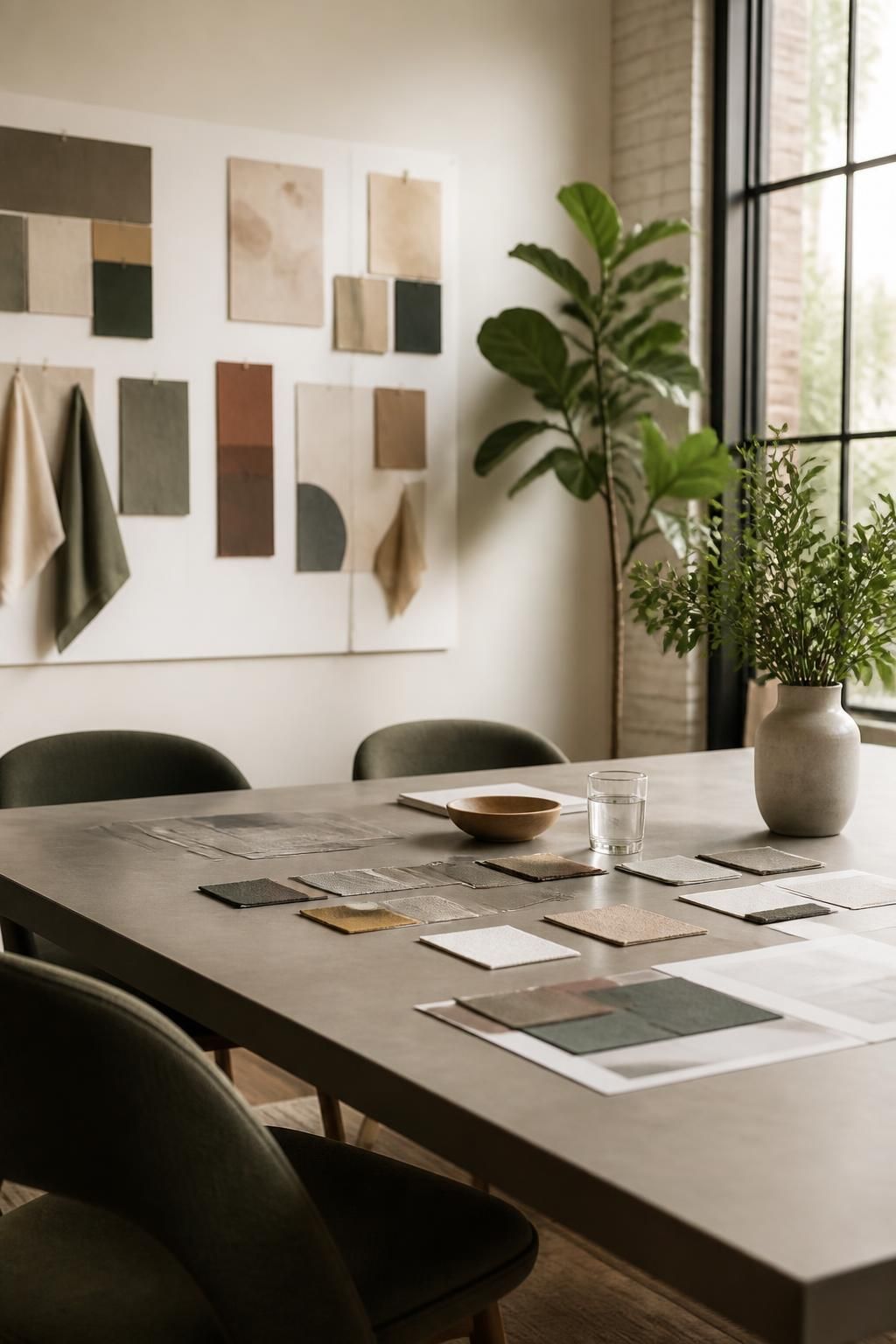 Modern creative studio with concept boards and a clean conference table.