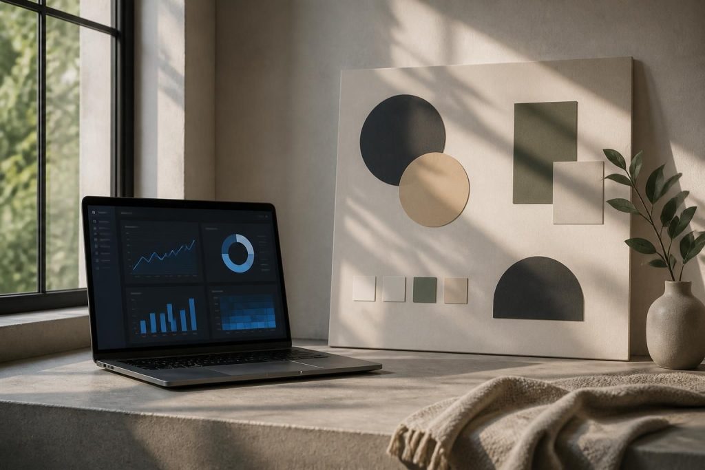 Modern marketing workspace with laptop dashboard and strategy board.