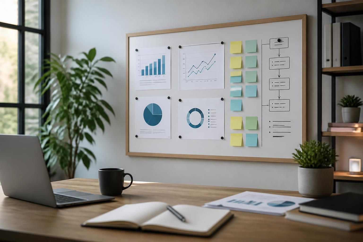Clean marketing strategy workspace with planning board and charts.